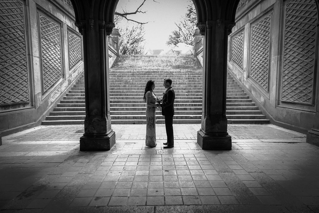 Couple portrait under Bethesda Terrace in Central Park