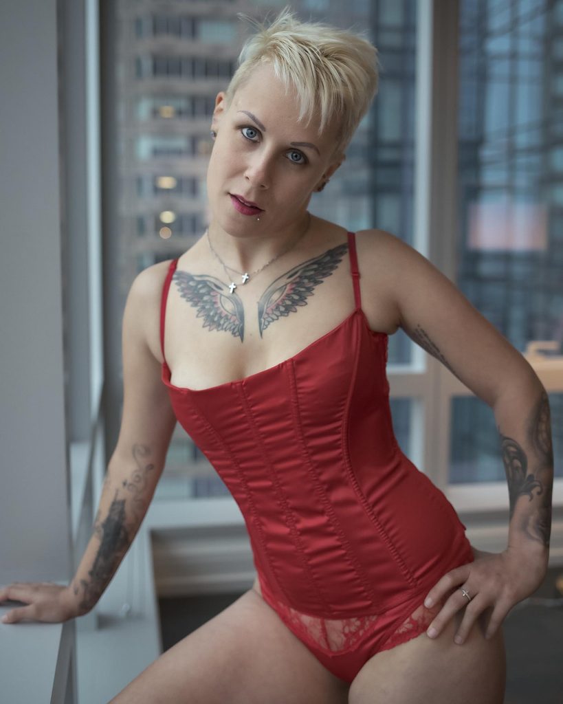 Boudoir portrait of woman in red lingerie