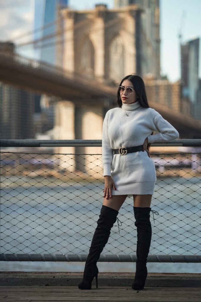Fashion portrait in Brooklyn with bridge background